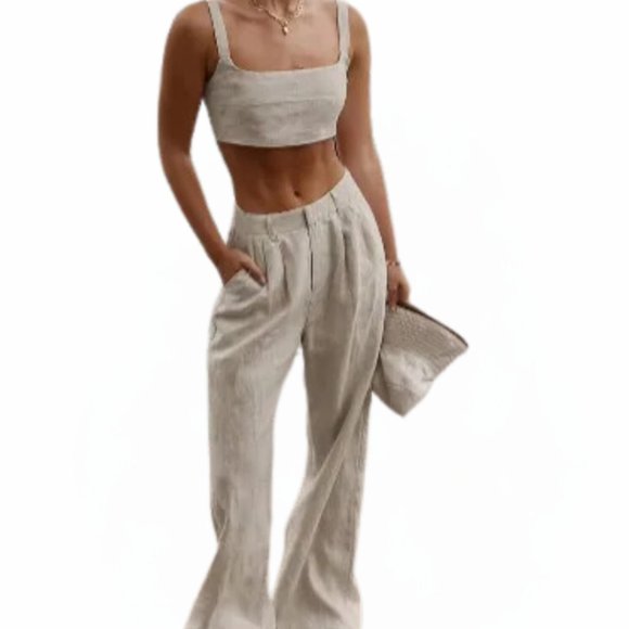 Sleeveless Crop Tank Top & High Waist Wide Leg Pants Set- Medium - Picture 4 of 7